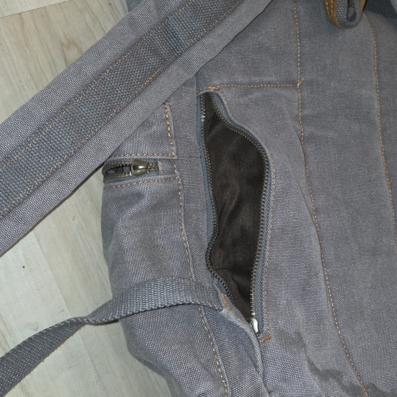 Men's Canvas Backpack in Light Gray with Brown Accents - Picture 5 of 10
